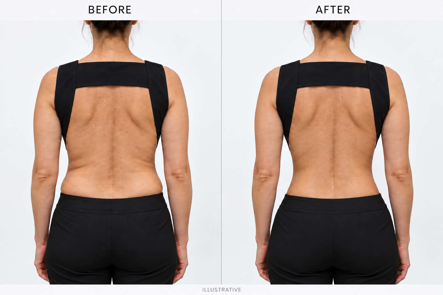 Illustrative before and after concept comparing a back and waist; not an actual client result