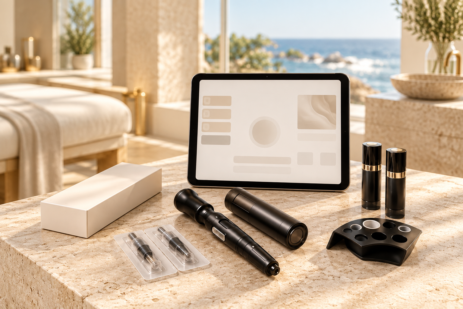 Stretch mark revision equipment at Sculpt by Iz — inkless device handpiece, cartridges and pigment set arranged on a travertine table