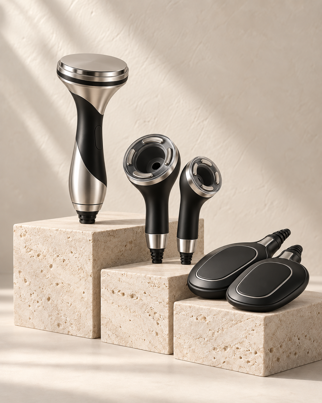 Body sculpting handpieces arranged on travertine blocks