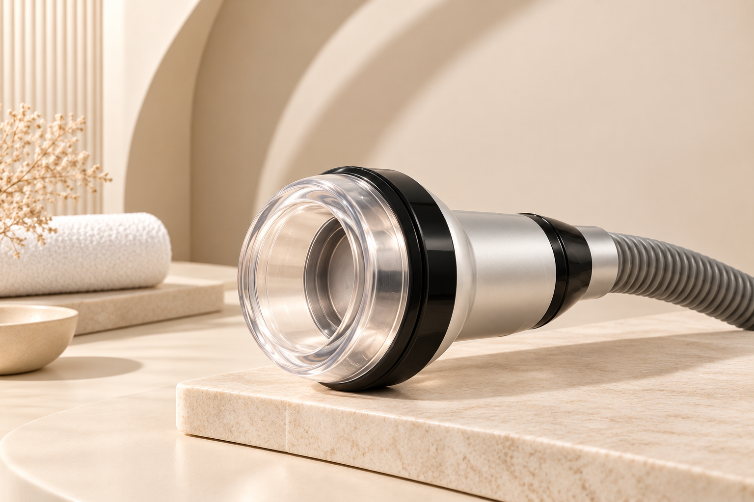 Vacuum RF applicator with a large clear cup on a light stone treatment surface