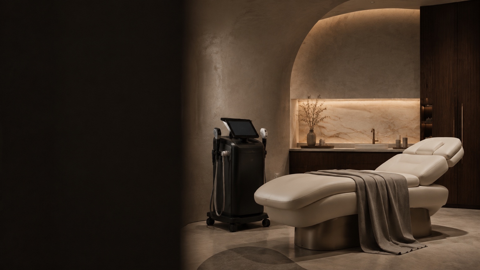 Calm private treatment room with a cream treatment bed, warm stone finishes and a body contouring device