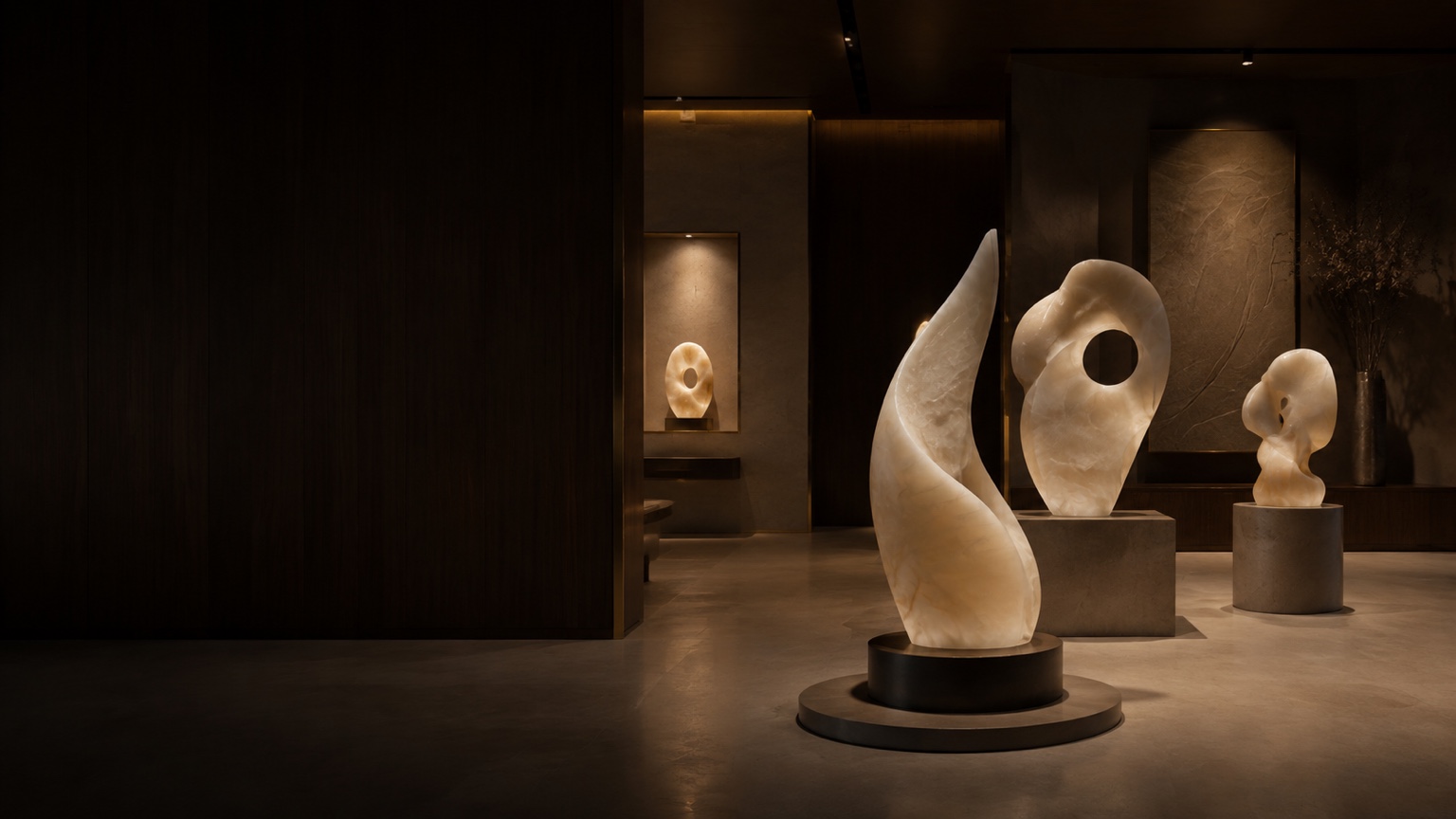 Softly lit alabaster sculptures on dark plinths in a quiet gallery interior