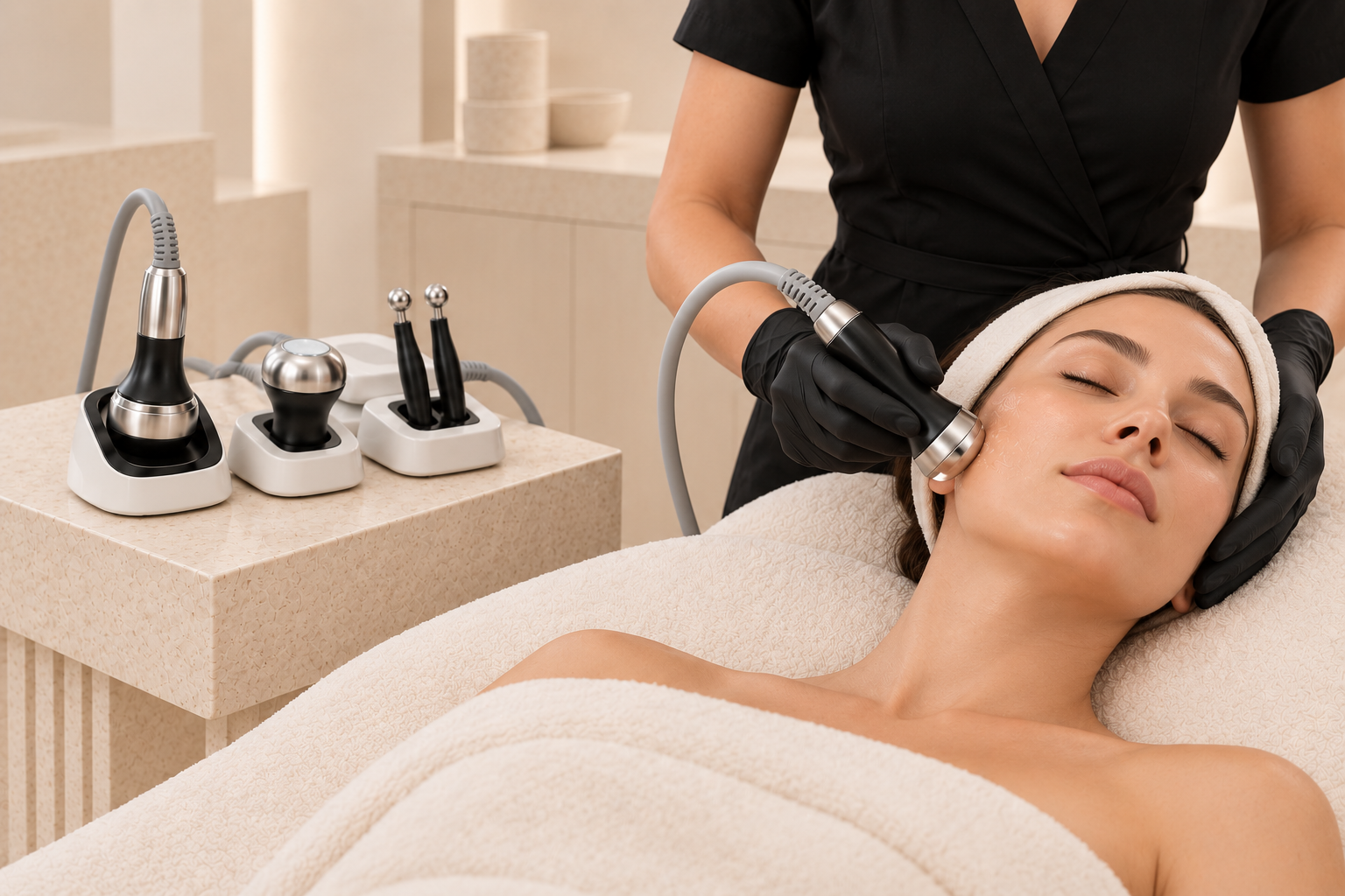 Practitioner treating a client's face with a sculpting applicator beside a tray of facial treatment tools in a cream studio