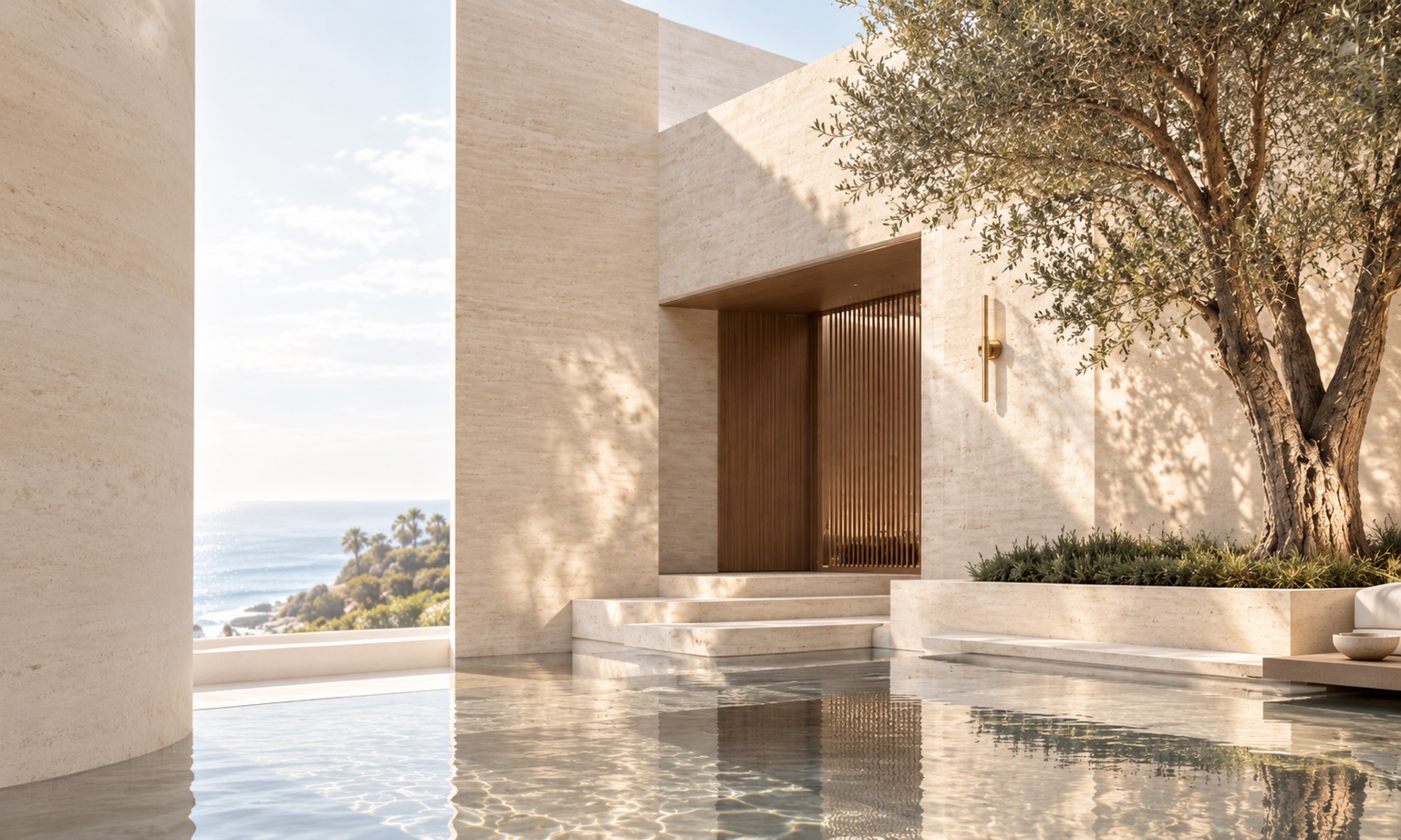 Warm travertine courtyard with an olive tree and still reflecting water at dusk