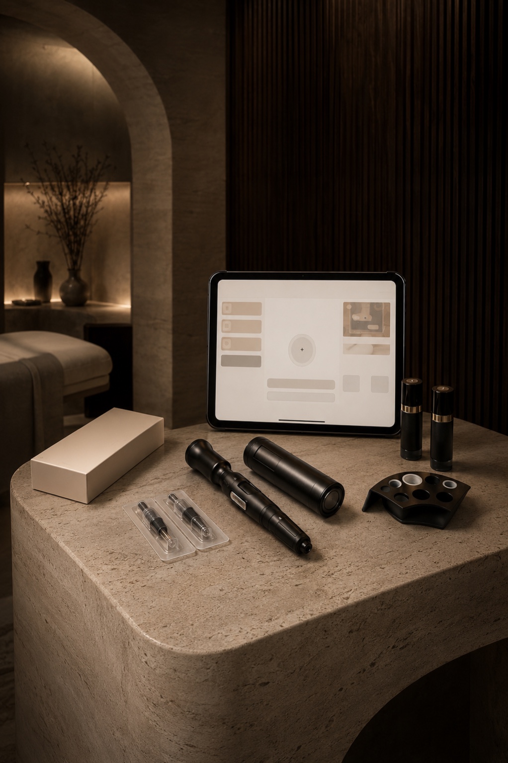 Stretch mark revision equipment at Sculpt by Iz — inkless device handpiece, cartridges and pigment set arranged on a travertine table