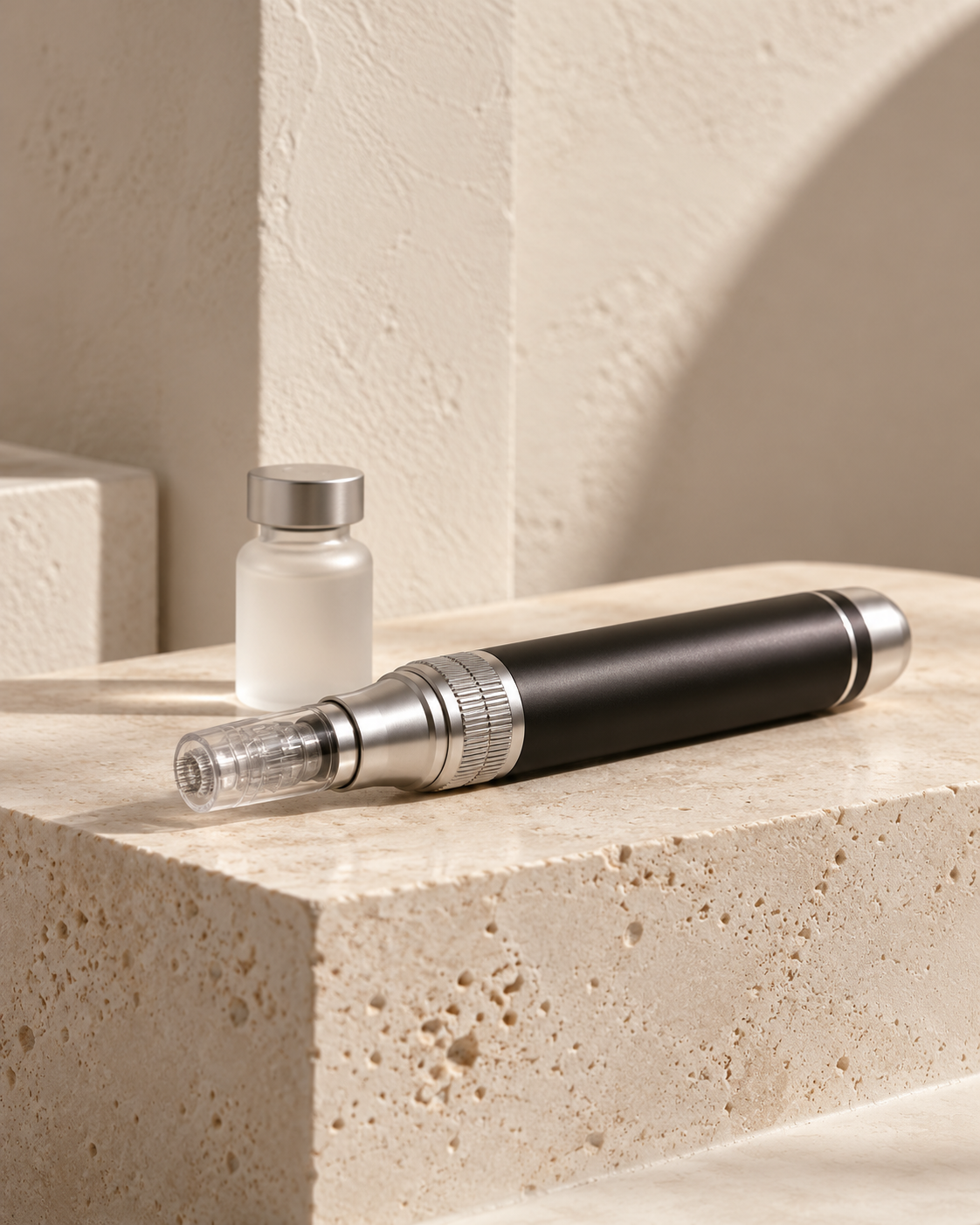 Micro-needling device and serum vial on travertine stone