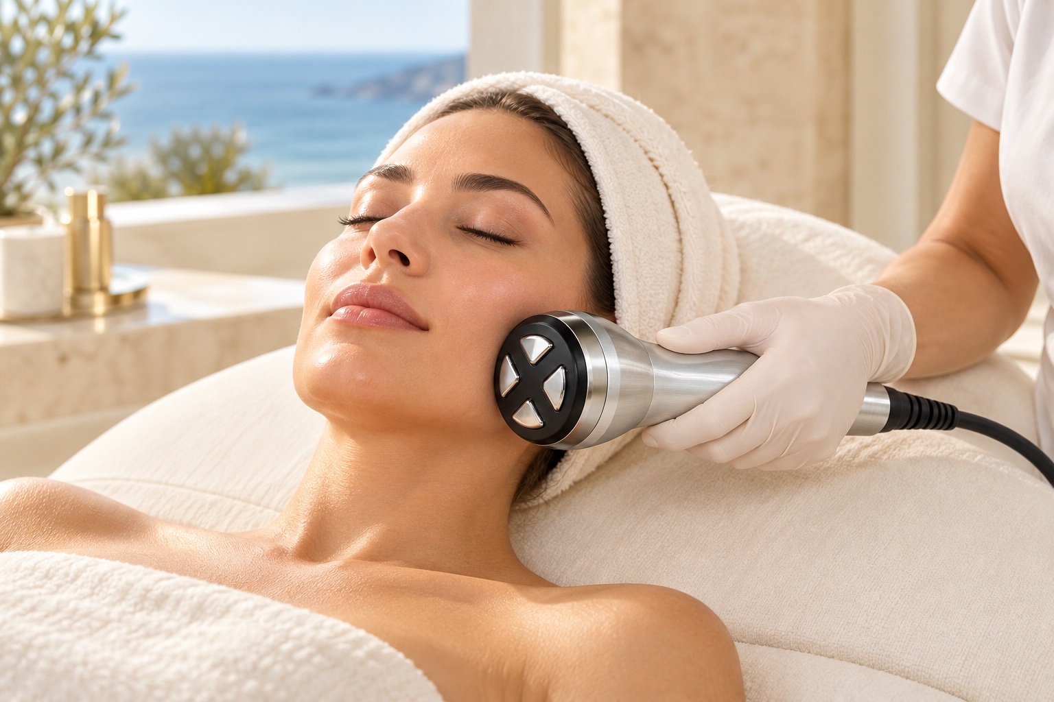 Woman receiving facial treatment with an applicator at her cheek in an ocean-view studio