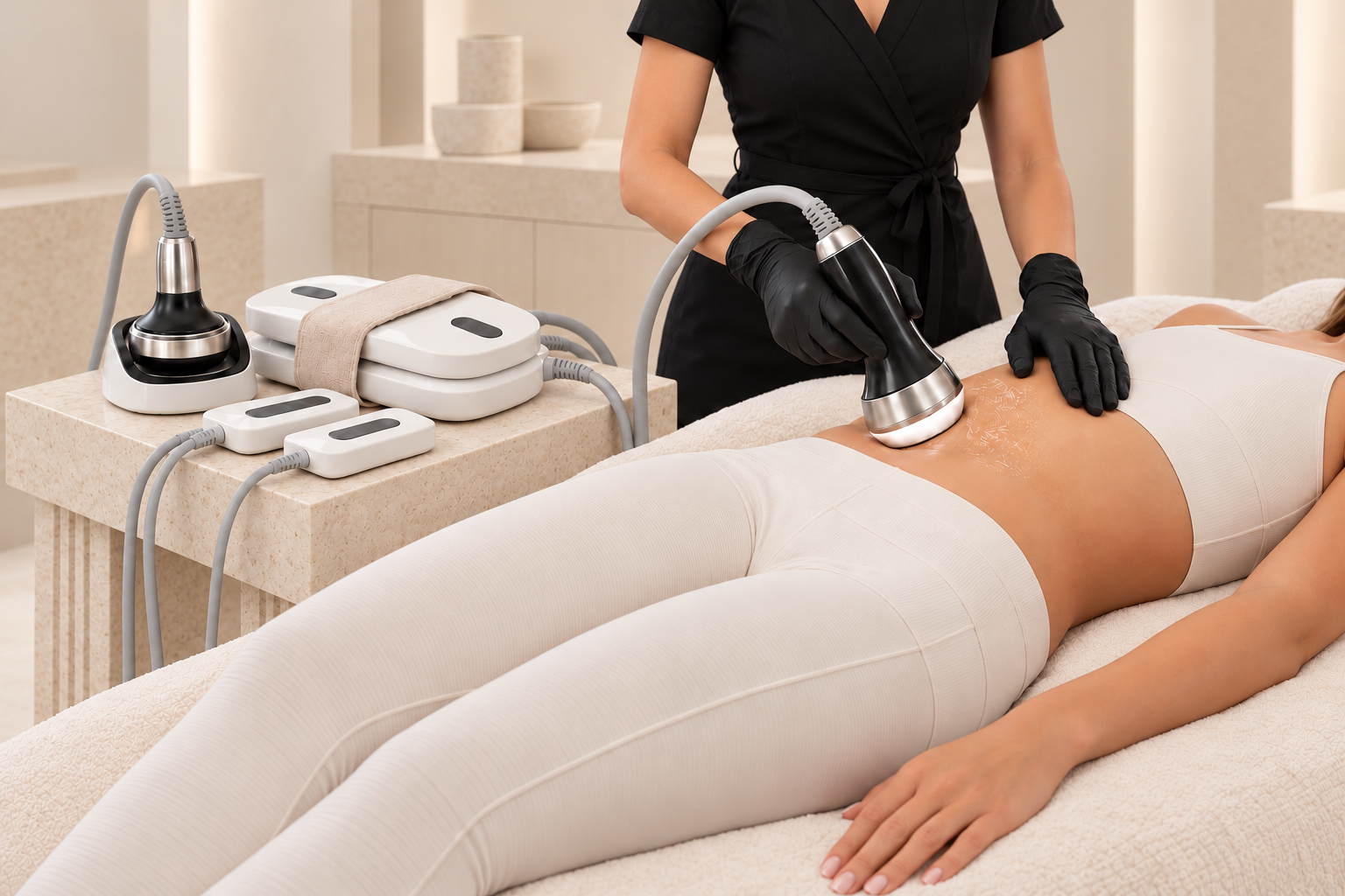 Multiple body contouring treatment applicators arranged beside a treatment bed in a light beige studio