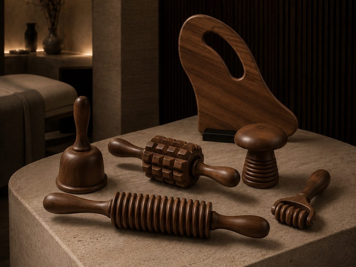 Set of wooden massage tools used for wood therapy arranged on a travertine table
